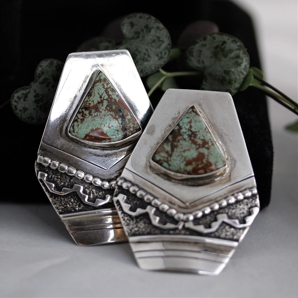 Tommy Singer Navajo Sterling Silver Turquoise Geometric Shield Post Earrings 925